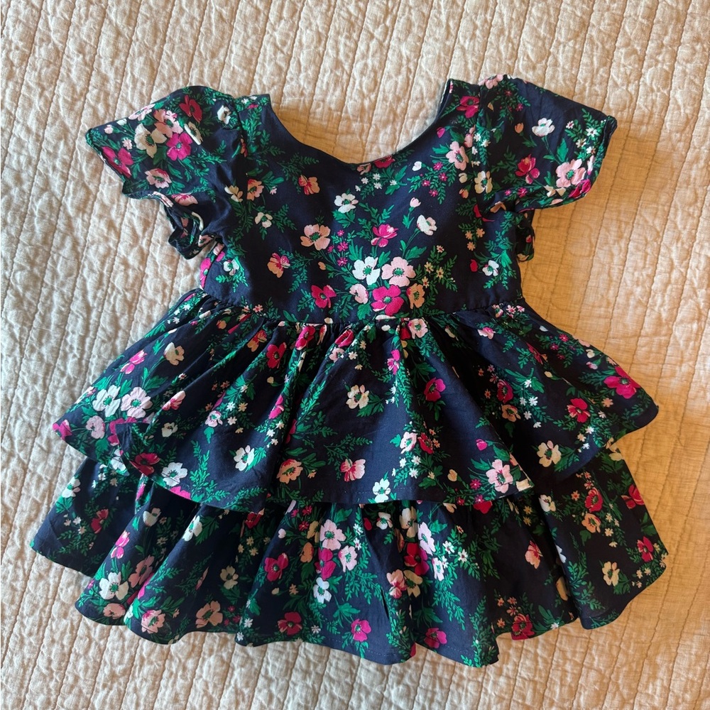 Janie and Jack Navy Ruffle Dress with Pink and White Flowers